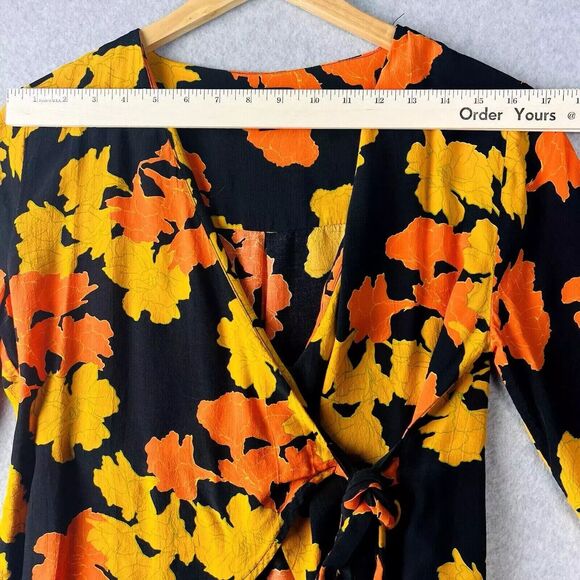 TopShop Crop Blouse Womens 4 Black Tropical Wrap Front Boho Office Top - Picture 7 of 15